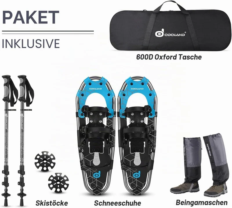 Odoland Schneeschuhe mit Steighilfe Allround 4 IN 1 für Damen und Herren mit Wanderstöcken, Wasserdi