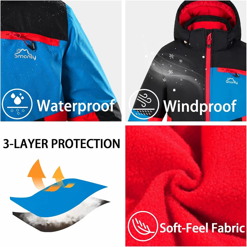 Kinder Schneeanzug für Jungen, Winter-Skijacke & Hose, Set Kapuzenriemen, Winddicht, Wasserdicht, Wa