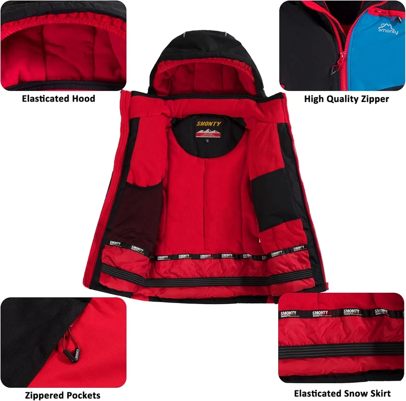 Kinder Schneeanzug für Jungen, Winter-Skijacke & Hose, Set Kapuzenriemen, Winddicht, Wasserdicht, Wa