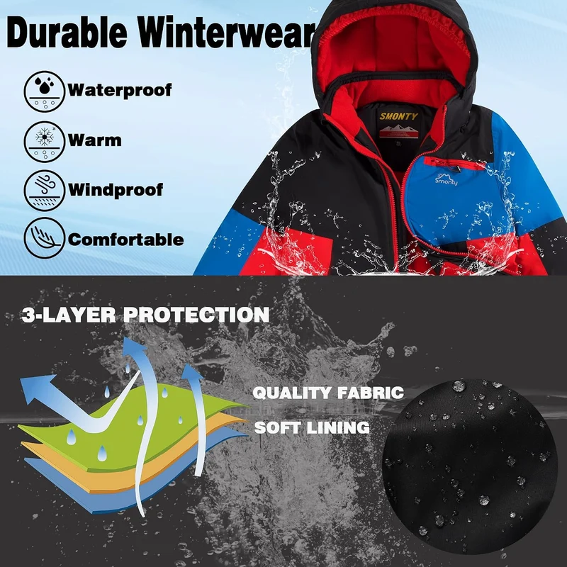 Kinder Schneeanzug für Jungen, Winter-Skijacke & Hose, Set Kapuzenriemen, Winddicht, Wasserdicht, Wa