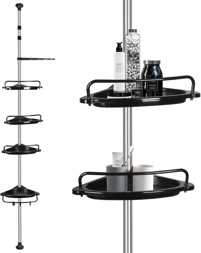 Duschregal Teleskop 105–310 cm, Duschablage ohne Bohren mit 4 Ablagen, Höhenverstellbares Badregal a
