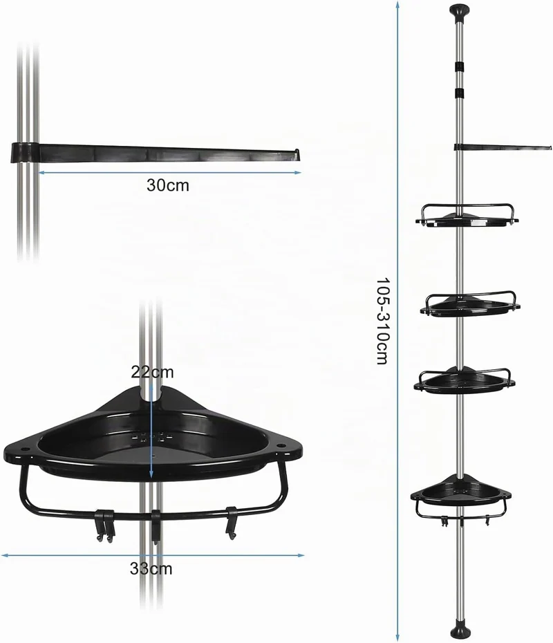 Duschregal Teleskop 105–310 cm, Duschablage ohne Bohren mit 4 Ablagen, Höhenverstellbares Badregal a