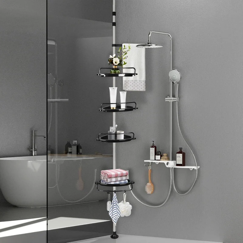 Duschregal Teleskop 105–310 cm, Duschablage ohne Bohren mit 4 Ablagen, Höhenverstellbares Badregal a