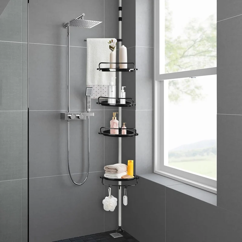 Duschregal Teleskop 105–310 cm, Duschablage ohne Bohren mit 4 Ablagen, Höhenverstellbares Badregal a