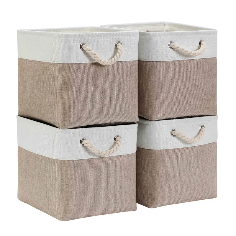 Mangata Aufbewahrungsbox Stoff 30x30x30 cm, aufbewahrungskorb Helles Khaki Weiss, Korbe Stoff in Wür