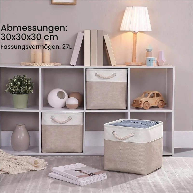 Mangata Aufbewahrungsbox Stoff 30x30x30 cm, aufbewahrungskorb Helles Khaki Weiss, Korbe Stoff in Wür