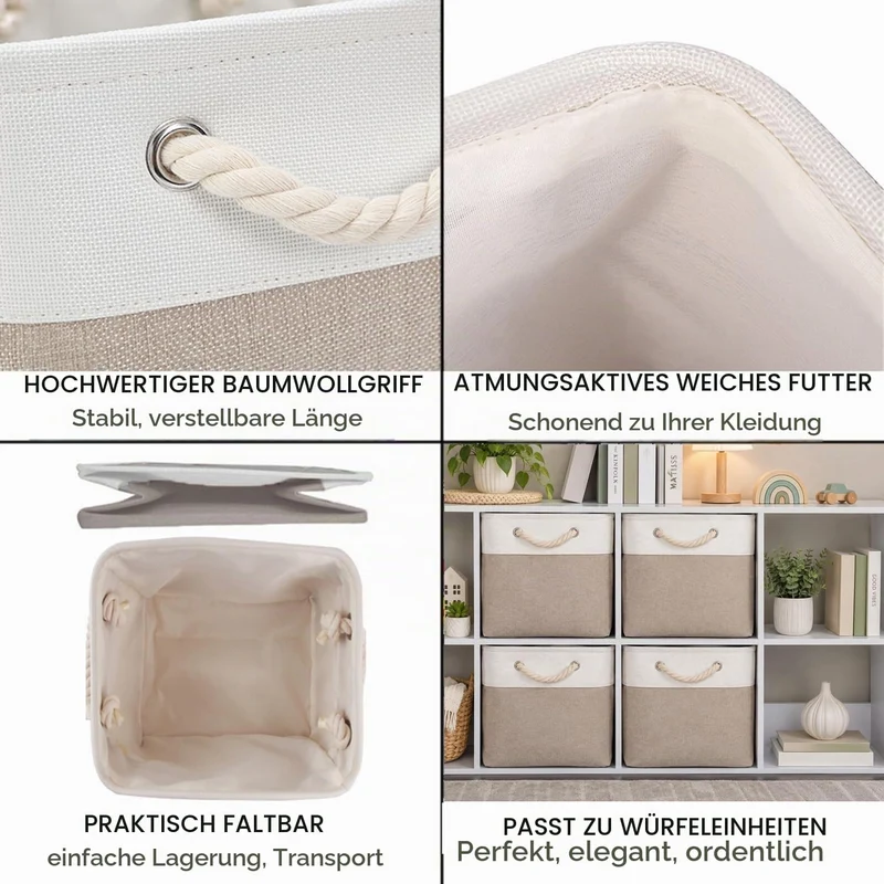 Mangata Aufbewahrungsbox Stoff 30x30x30 cm, aufbewahrungskorb Helles Khaki Weiss, Korbe Stoff in Wür