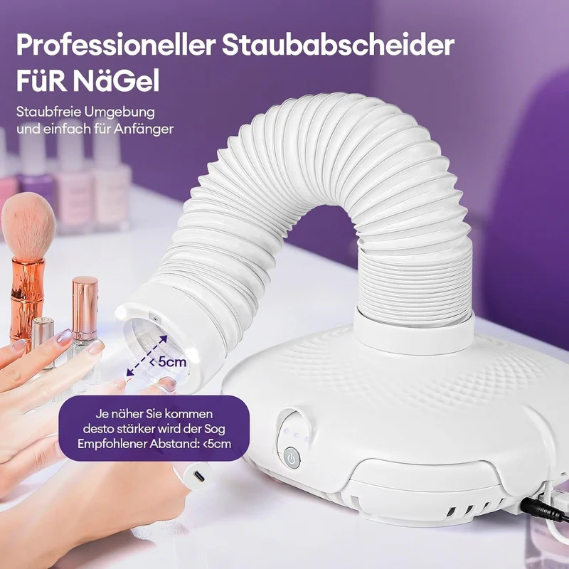 130W Nagelstaub-Sammelmaschine, Nagelstaubsauger mit LED-Licht und 360° flexiblem Schlauch: 3-stufig