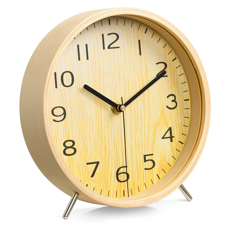 Navaris Analog Holz Tischuhr rund - 21,1 x 21,8 x 4,8cm - analoge Deko Tisch Uhr ohne Ticken mit Hol