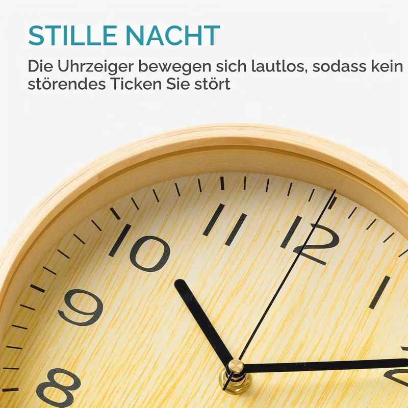Navaris Analog Holz Tischuhr rund - 21,1 x 21,8 x 4,8cm - analoge Deko Tisch Uhr ohne Ticken mit Hol
