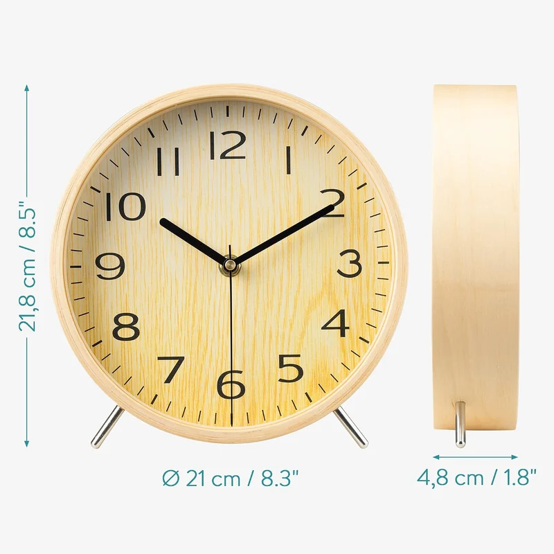 Navaris Analog Holz Tischuhr rund - 21,1 x 21,8 x 4,8cm - analoge Deko Tisch Uhr ohne Ticken mit Hol