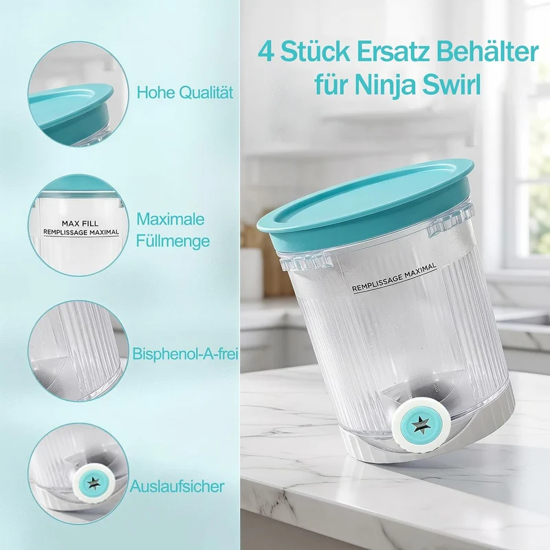 4 Stück Creami Behälter für Ninja Swirl CREAMi NC701EU 480ML BPA-Frei und Spülmaschinenfest Becher k