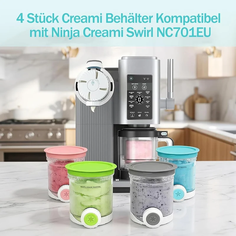 4 Stück Creami Behälter für Ninja Swirl CREAMi NC701EU 480ML BPA-Frei und Spülmaschinenfest Becher k
