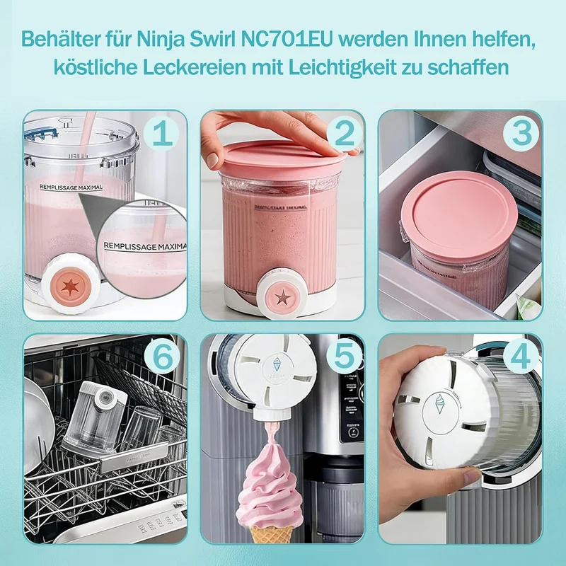 4 Stück Creami Behälter für Ninja Swirl CREAMi NC701EU 480ML BPA-Frei und Spülmaschinenfest Becher k