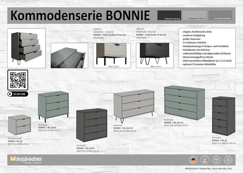 DEINE TANTE EMMA Bonnie/KO_04-119 anthrazit matt Lack Schubladenkommode Kommode Sideboard ca. 119 x