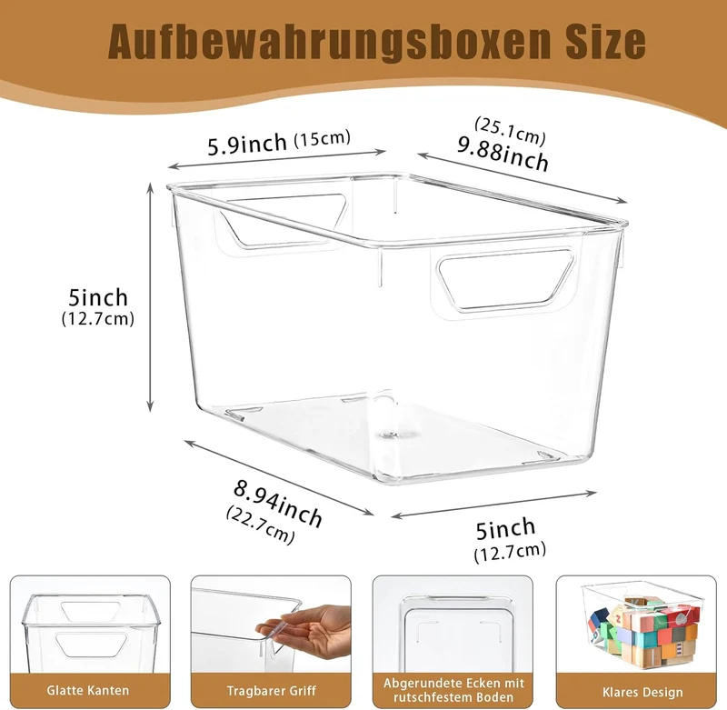 6 Stück Aufbewahrungsbox Kunststoff, Plastikkorb mit Griff, geeignet für Aufbewahrungsbox Küche, Auf