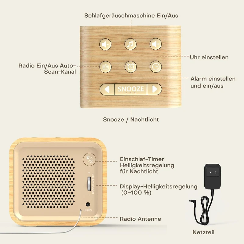 REACHER Radiowecker für das Schlafzimmer, Digitale FM Radiouhr mit Weissrausch-Soundmaschine, 9 Alar