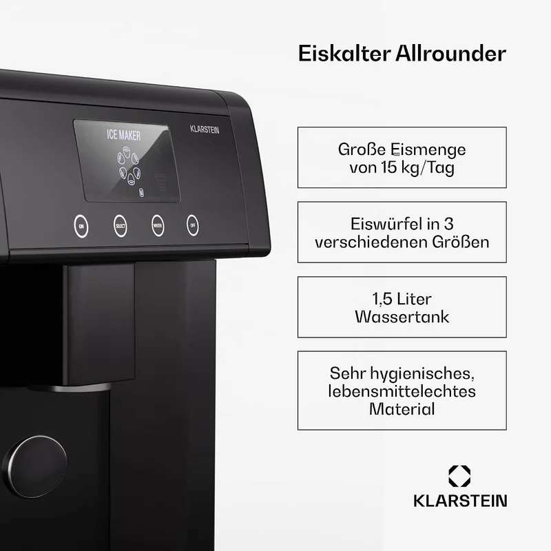 Klarstein Eiswürfelmaschine – Edelstahl-Eiswürfelbereiter, 3 Eiswürfelgrössen, 15 kg/24 h, Touch-Dis