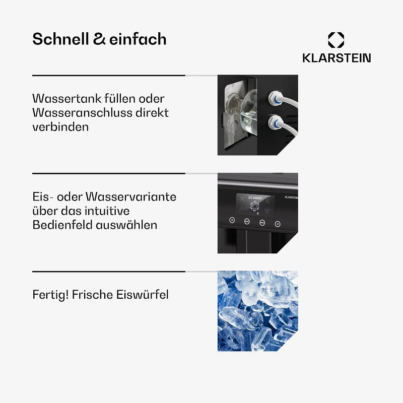 Klarstein Eiswürfelmaschine – Edelstahl-Eiswürfelbereiter, 3 Eiswürfelgrössen, 15 kg/24 h, Touch-Dis