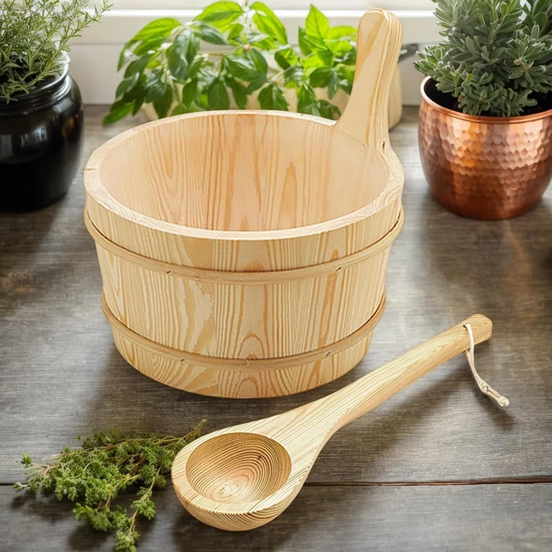 Sauna Eimer Mit Kelle, 4 L Sauna Eimer Holz Set, Saunaeimer Mit Innenauskleidung, Saunakübel Mit PP-