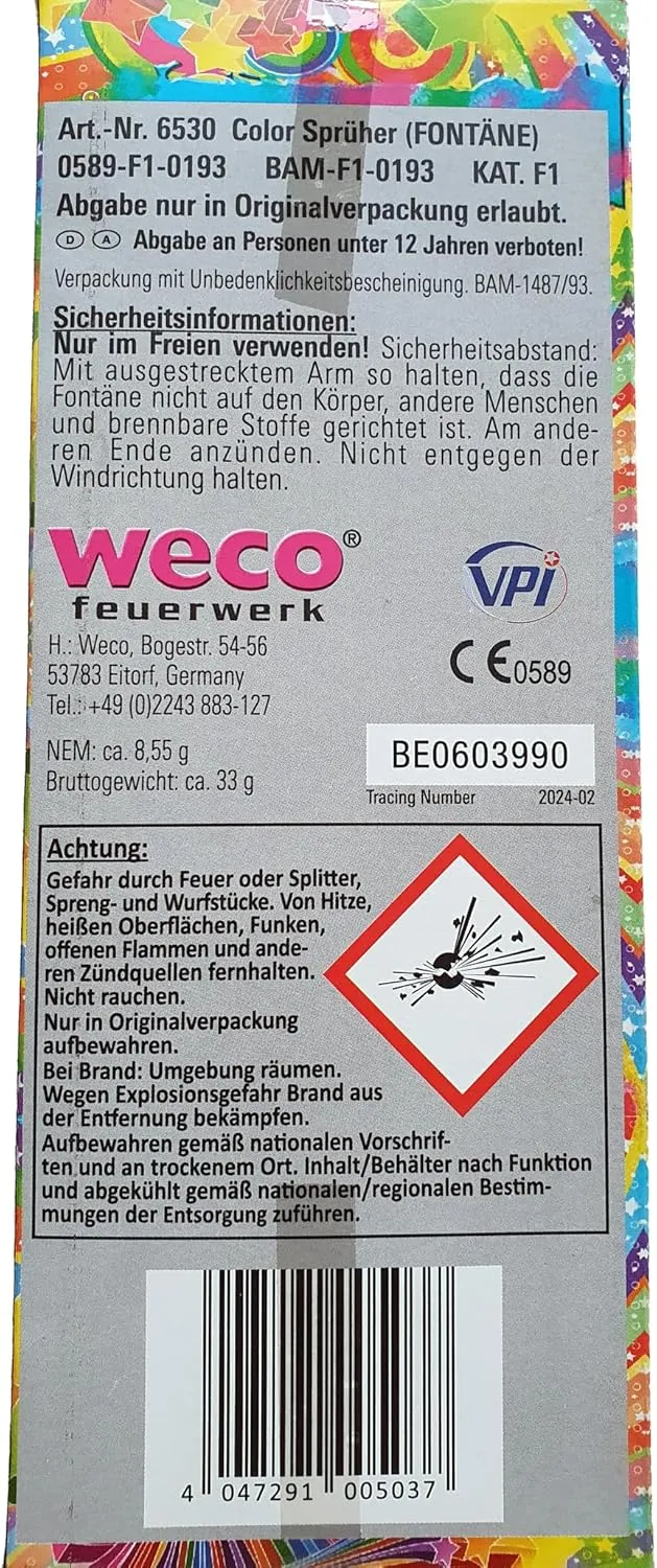 Weco 100 Color Sprüher 20cm - Kinder Fackel - Handfontäne
