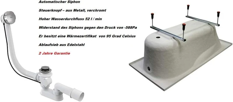 BADLAND Badewanne Original Weiss Acryl Wanne Rechteck ARIA PLUS 170x70 KOMPLETTSET SET mit Premium W