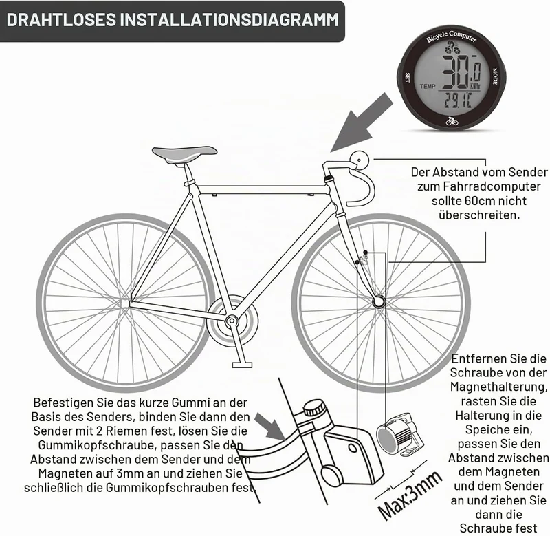 ACAGALA Fahrradcomputer Drahtloser 21 Funktionen IPX5 Wasserdichter Fahrrad-Kilometerzähler Multifun