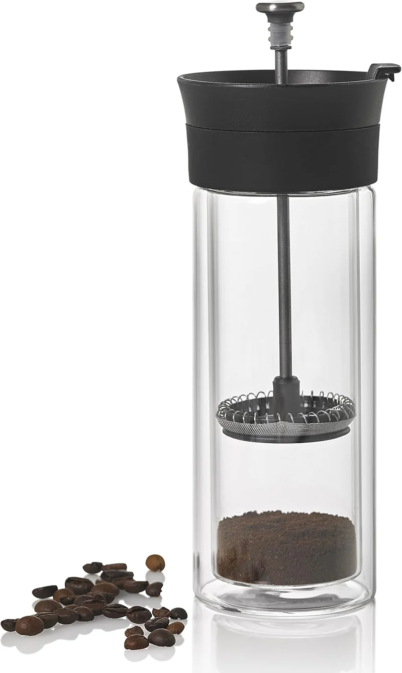 AdHoc TT25 French Press Becher THERMO-GLASS, 300 ml (ohne Kaffee), Glas/Edelstahl/Kunststoff/Silikon