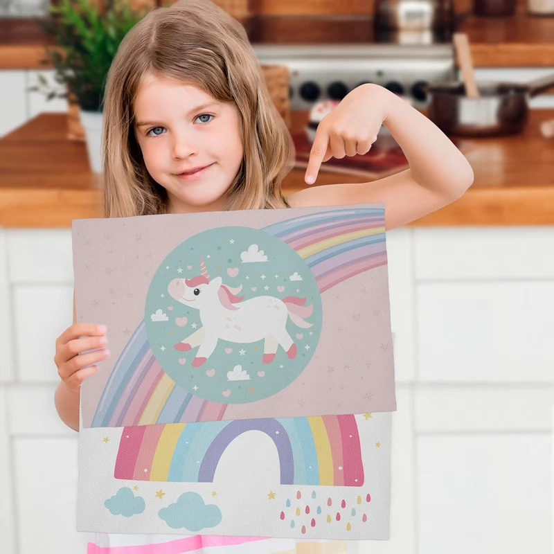 Platzset Snacks Schule Einhorn – Set 2 Stück 30 x 45 cm wasserdicht – weicher PVC-Stoff für Mädchen,