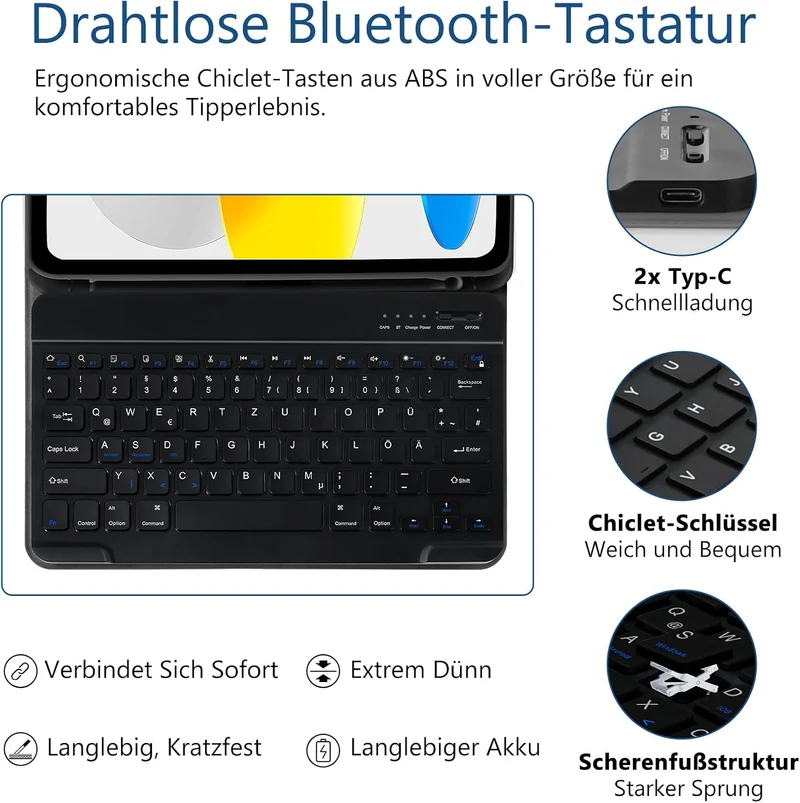 TQQ Hülle mit Tastatur für iPad A16 11 Generation 2025/10 Generation 2022(11/10.9 Zoll), Abnehmbare