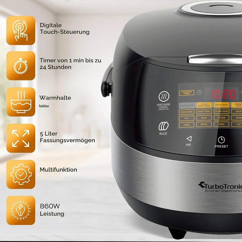 TurboTronic TT-DMC22 Multikocher | 5L Kapazität | 15 Programme | 860W Elektrischer Schon- und Dampfg