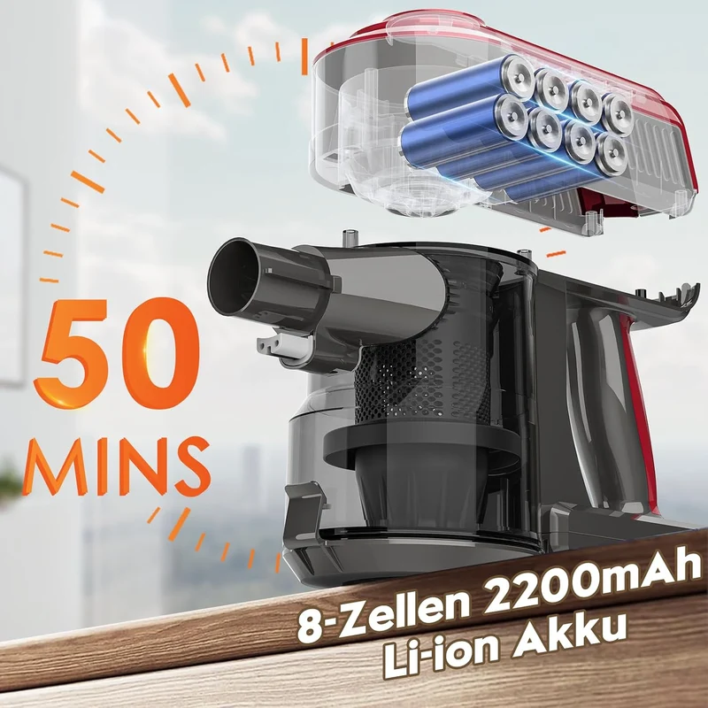 Akitas V10 Kabelloser Staubsauger 30V 450W Bis zu 50 Minuten Laufzeit 3 Saugstufen Hand- und Stielst
