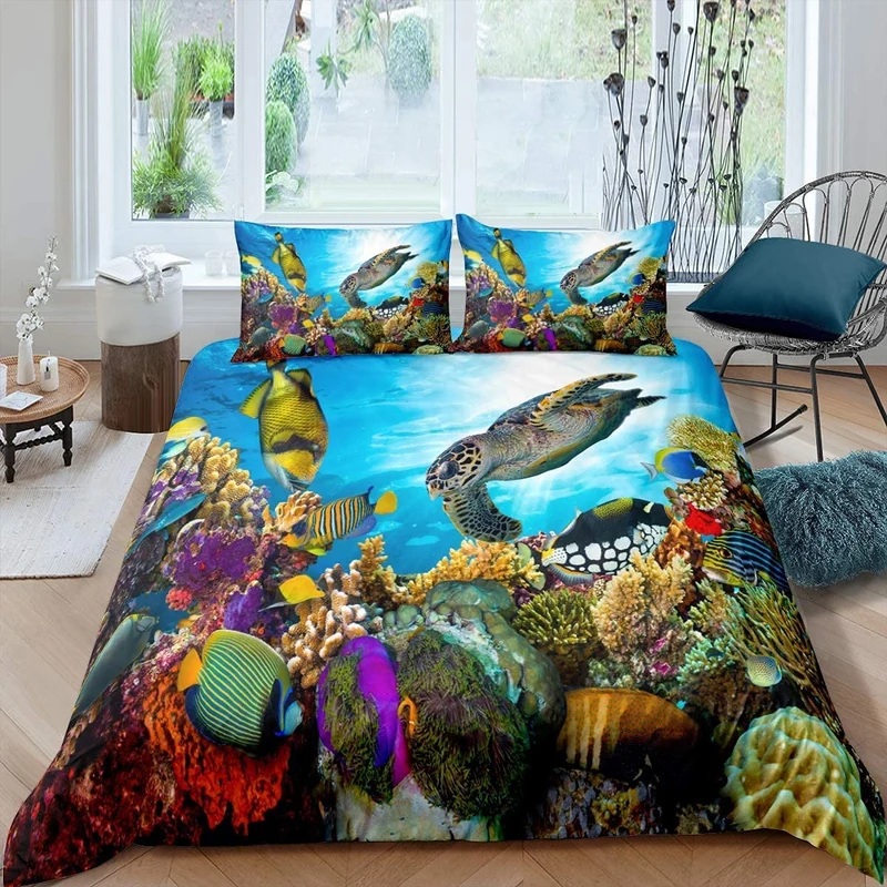Unterwasser Welt Bettwäsche Set 135x200cm 3D Meeresschildkröte Tropisch Fischkoralle Betten Set für