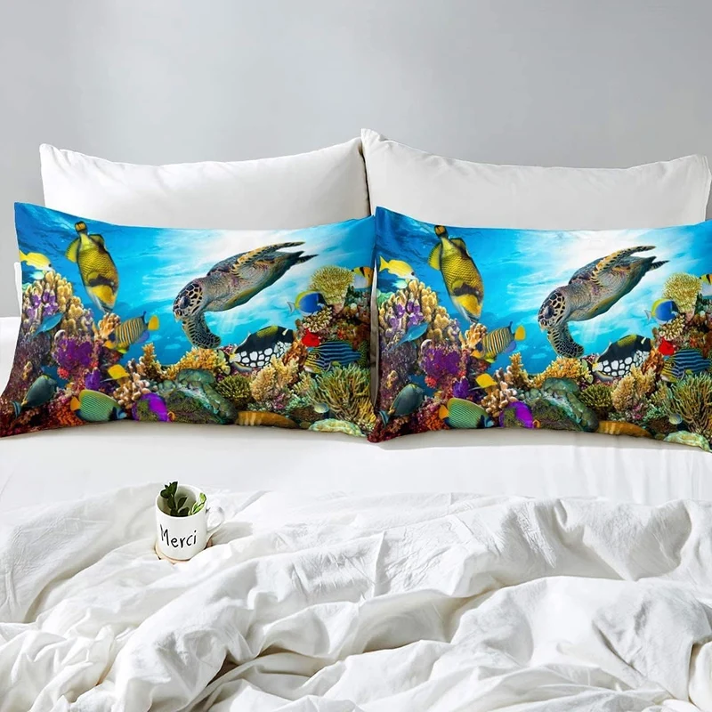 Unterwasser Welt Bettwäsche Set 135x200cm 3D Meeresschildkröte Tropisch Fischkoralle Betten Set für