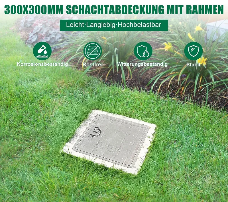 Schachtabdeckung mit Rahmen 300x300 mm GFK A15 Schachtdeckel mit Griff Kanaldeckel Inspektionsschach