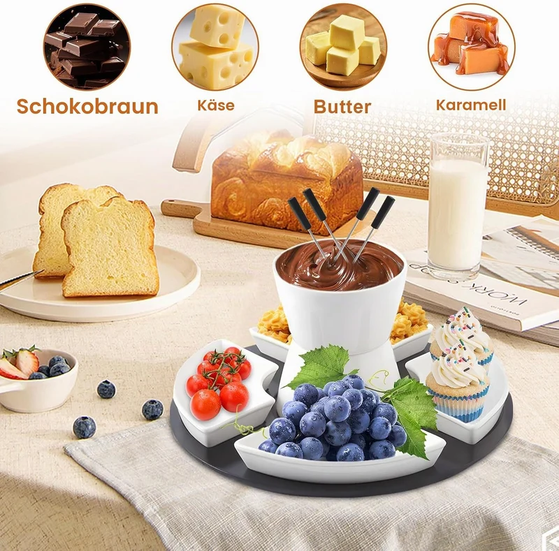 Keramik Schokofondue-Topf-Set Käse Fondueset mit Holzpalette 4 Gabeln 4 Tellern Schoko Fondueset Käs
