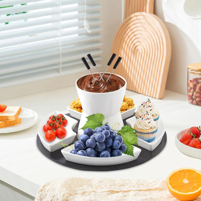 Keramik Schokofondue-Topf-Set Käse Fondueset mit Holzpalette 4 Gabeln 4 Tellern Schoko Fondueset Käs