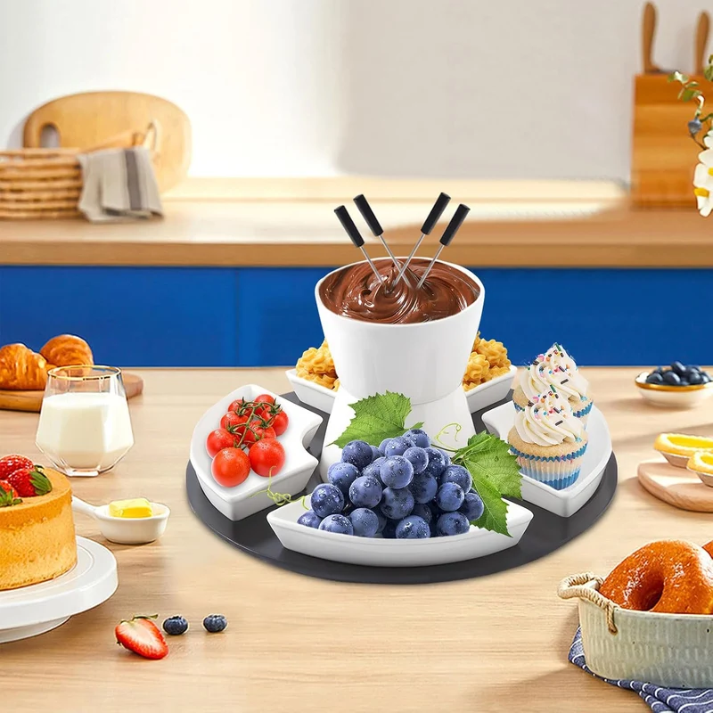 Keramik Schokofondue-Topf-Set Käse Fondueset mit Holzpalette 4 Gabeln 4 Tellern Schoko Fondueset Käs