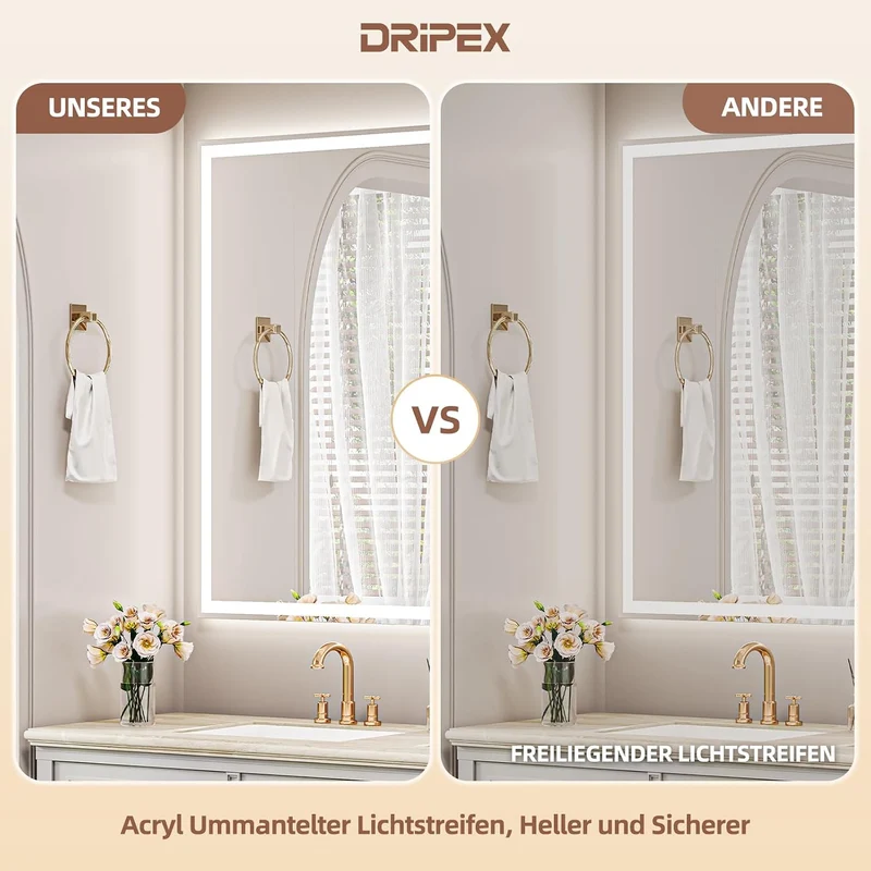 Badezimmerspiegel Led Badspiegel, Speicherfunktion, Touch-Schalter, Druckknopf, Dimmbar, 3 Lichtfarb