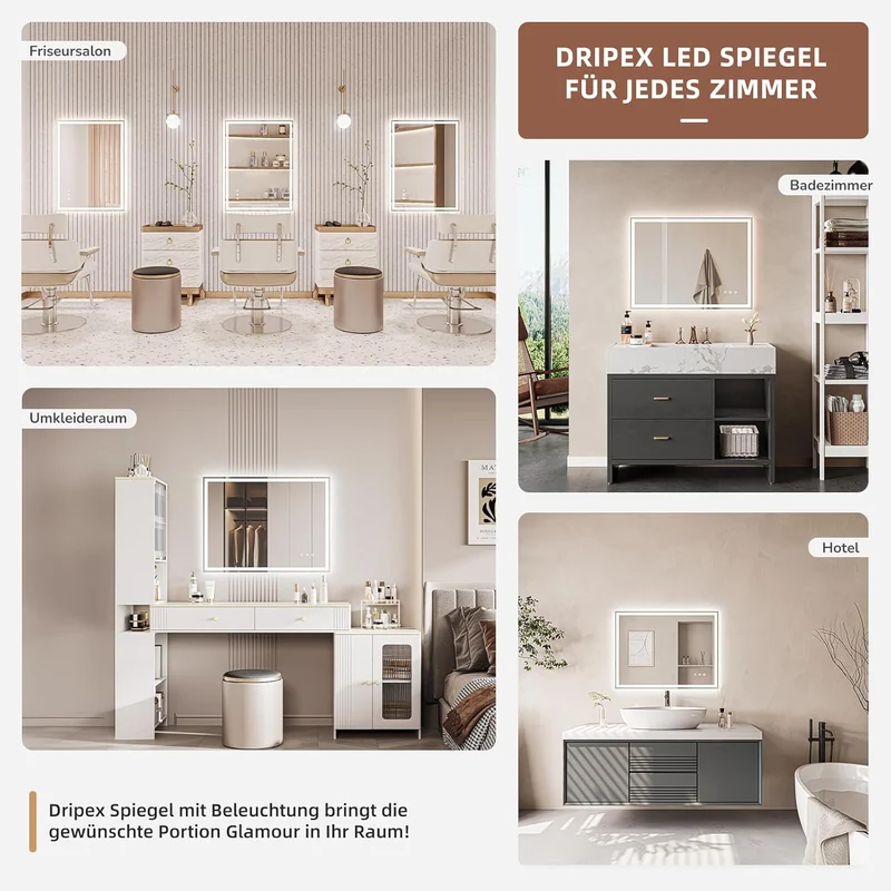 Badezimmerspiegel Led Badspiegel, Speicherfunktion, Touch-Schalter, Druckknopf, Dimmbar, 3 Lichtfarb