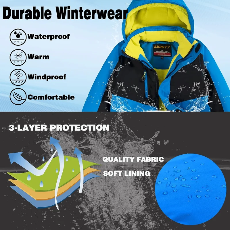 SMONTY Kinder Schneeanzug für Jungen, Winter-Skijacke & Hose, Set Kapuzenriemen, Winddicht, Wasserdi