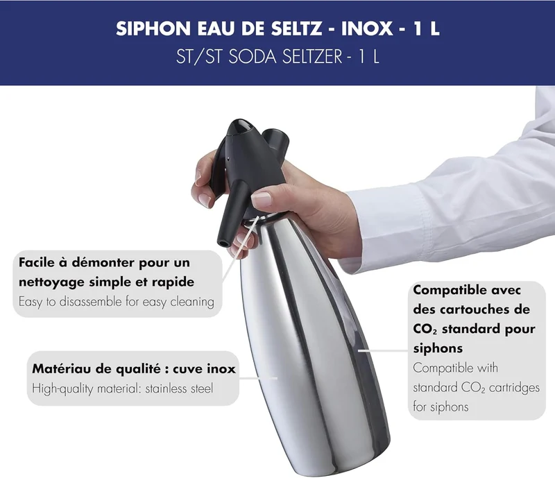 LOUIS TELLIER | Siphon für Sprudelwasser | Edelstahlbehälter | 1L | Sprudelwasser | Sprudelndes Wass