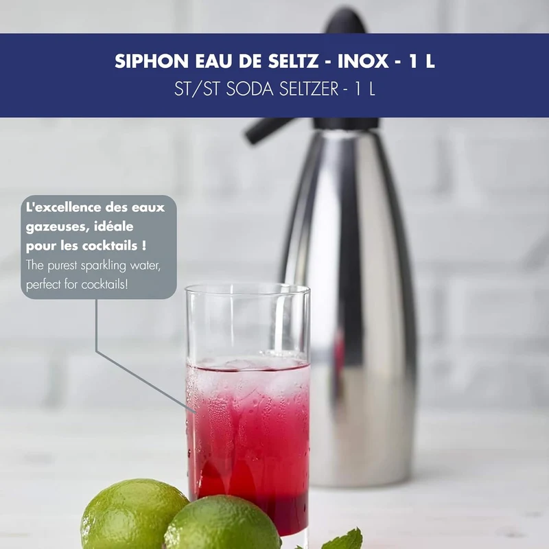 LOUIS TELLIER | Siphon für Sprudelwasser | Edelstahlbehälter | 1L | Sprudelwasser | Sprudelndes Wass