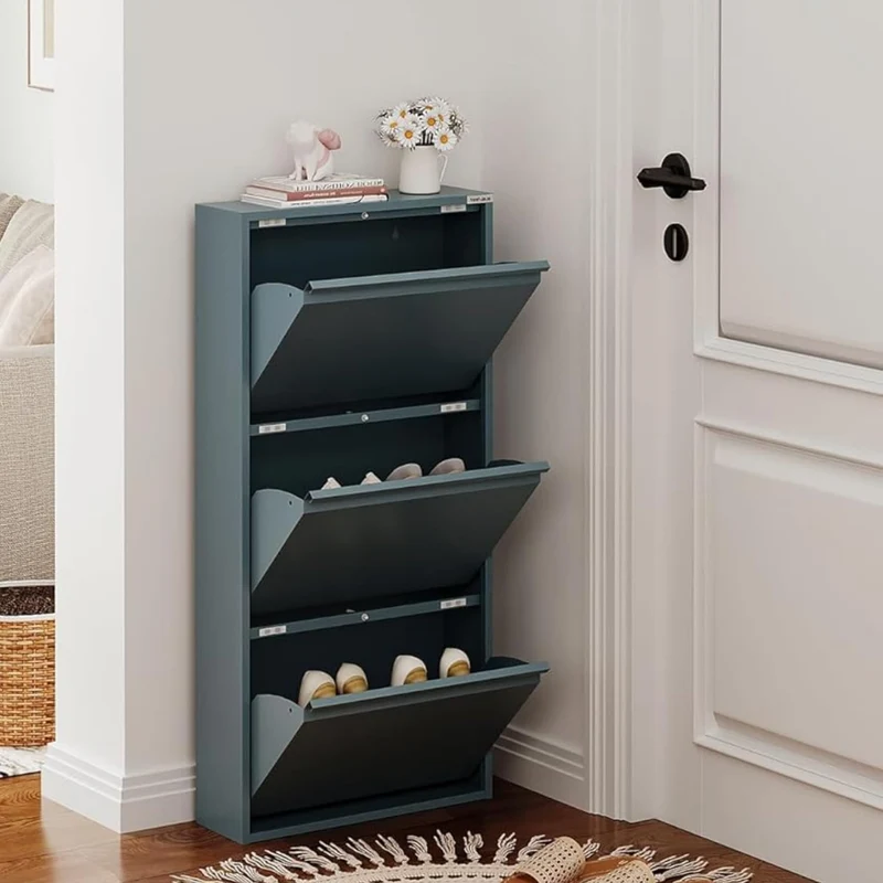 VEEHAUS Schuhregal, schmal, hoch, Schuhschrank, mit magnetischem Deckel, Wandmontage, aus Metall (Gr