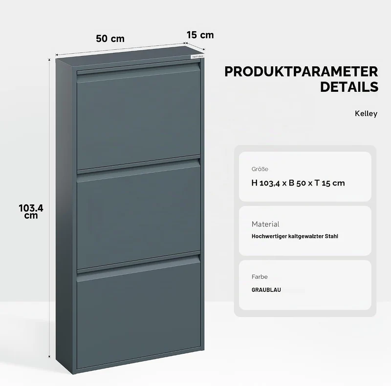 VEEHAUS Schuhregal, schmal, hoch, Schuhschrank, mit magnetischem Deckel, Wandmontage, aus Metall (Gr
