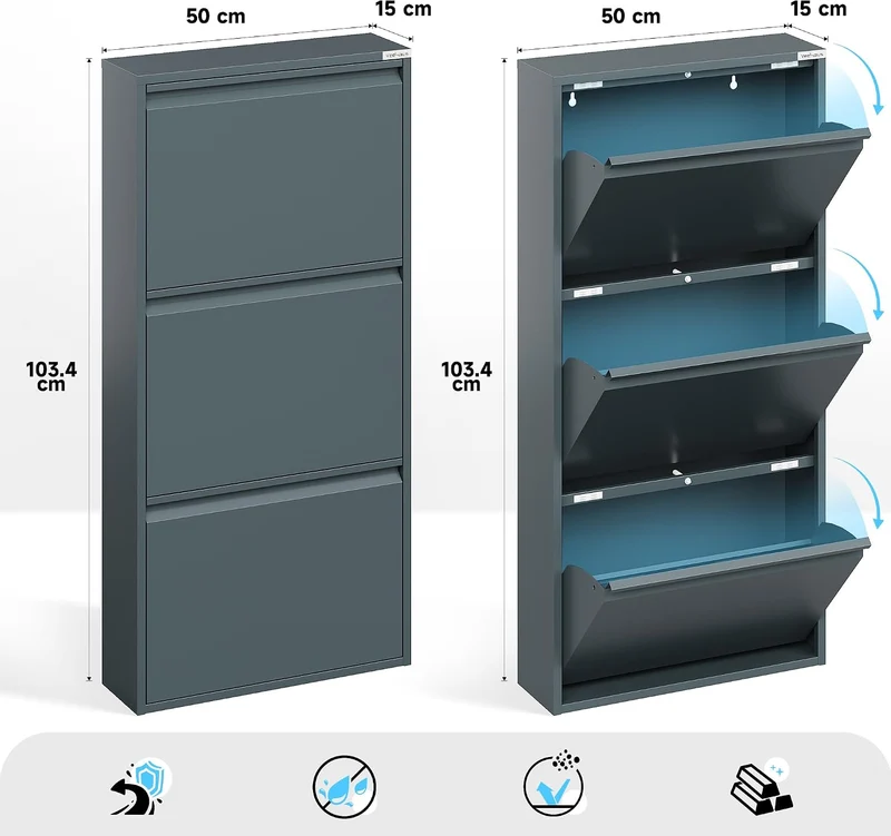 VEEHAUS Schuhregal, schmal, hoch, Schuhschrank, mit magnetischem Deckel, Wandmontage, aus Metall (Gr