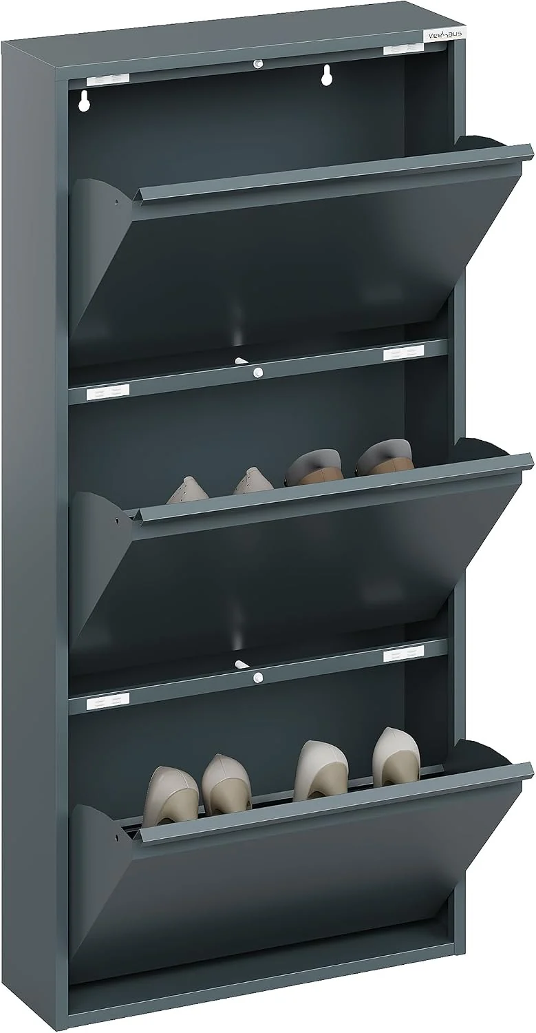 VEEHAUS Schuhregal, schmal, hoch, Schuhschrank, mit magnetischem Deckel, Wandmontage, aus Metall (Gr
