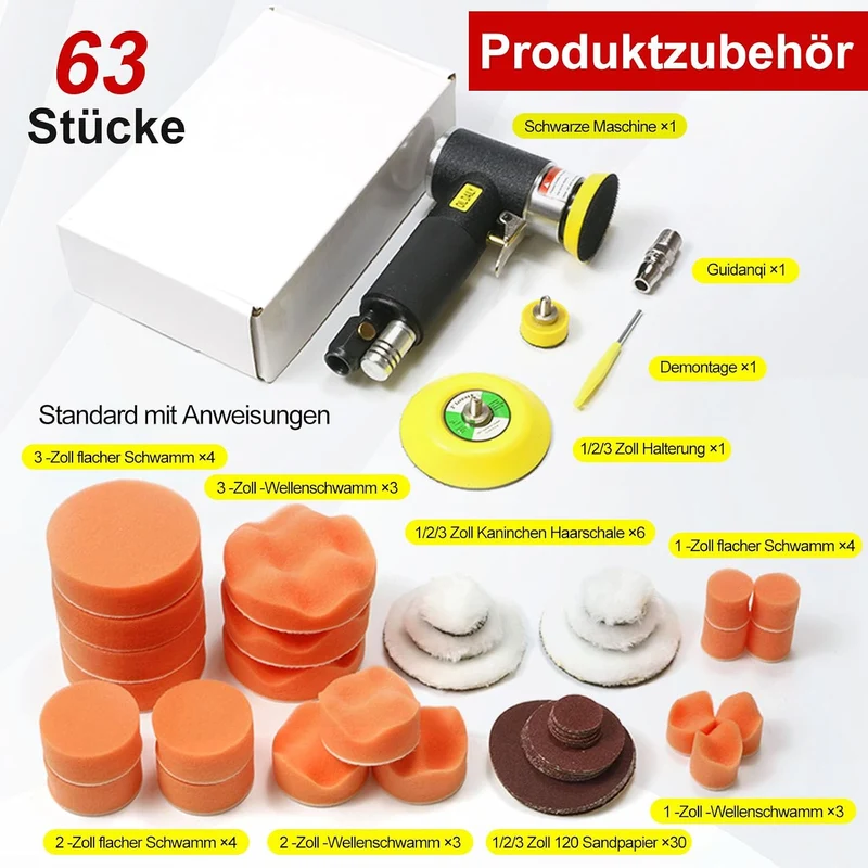 63 in 1 Druckluft Exzenterschleifer Mini Poliermaschine Auto Polierer Set, Exzenter Schleifer Druckl