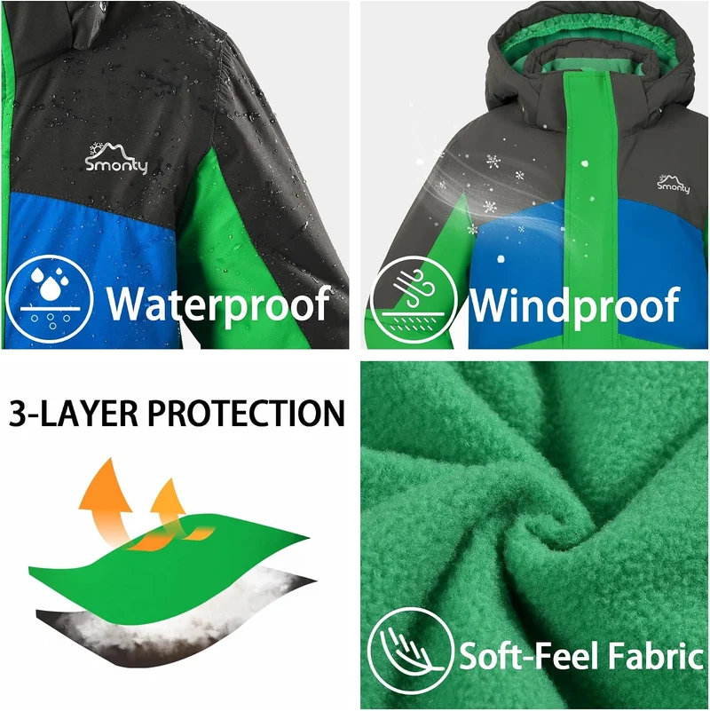 Kinder Schneeanzug für Jungen, Winter-Skijacke & Hose, Set Kapuzenriemen, Winddicht, Wasserdicht, Wa