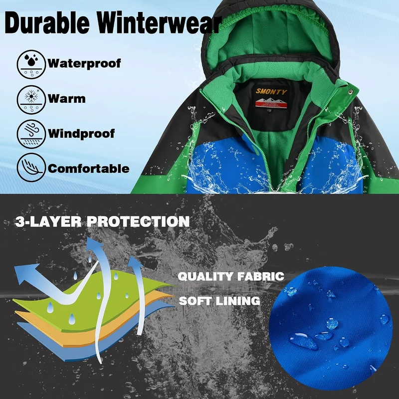 Kinder Schneeanzug für Jungen, Winter-Skijacke & Hose, Set Kapuzenriemen, Winddicht, Wasserdicht, Wa